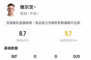 维尔茨本场数据：1中框4关键传球+创造1次进球机会，评分8.7